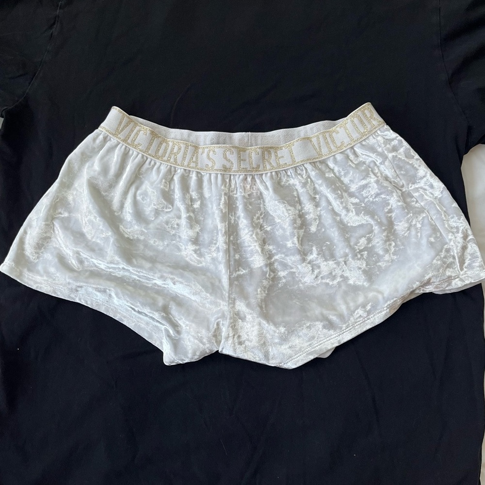 Victoria's Secret white Velvet Sleep Shorts with gold glitter bland